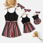 Mommy and Me Black Cotton Ribbed Spliced Striped Belted Cami Rompers  image 2