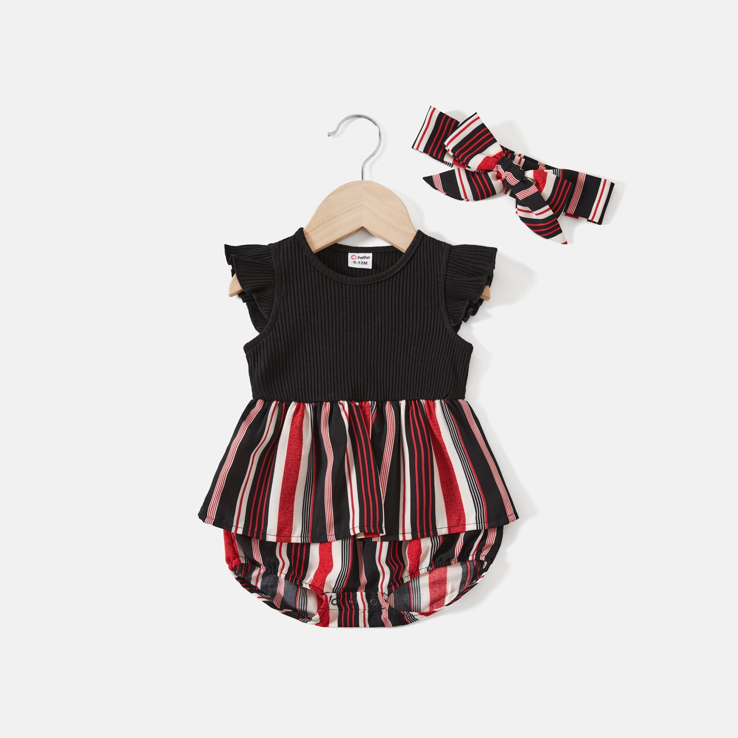 Mommy And Me Black Cotton Ribbed Spliced Striped Belted Cami Rompers
