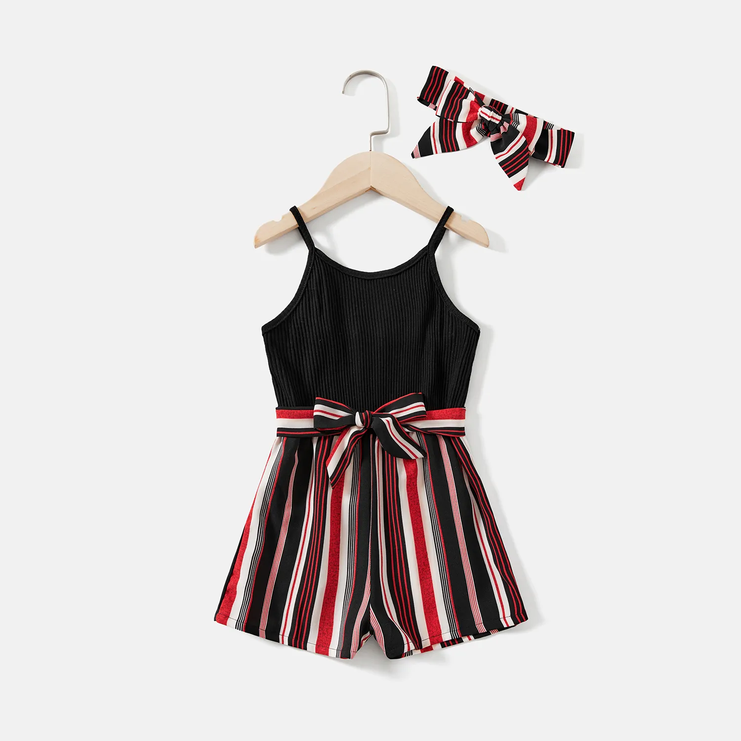 Mommy and Me Black Cotton Ribbed Spliced Striped Belted Cami Rompers  image 5