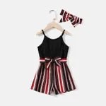 Mommy and Me Black Cotton Ribbed Spliced Striped Belted Cami Rompers  image 5