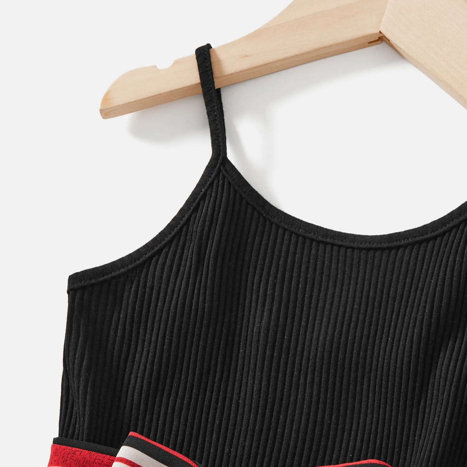 Mommy and Me Black Cotton Ribbed Spliced Striped Belted Cami Rompers  image 6