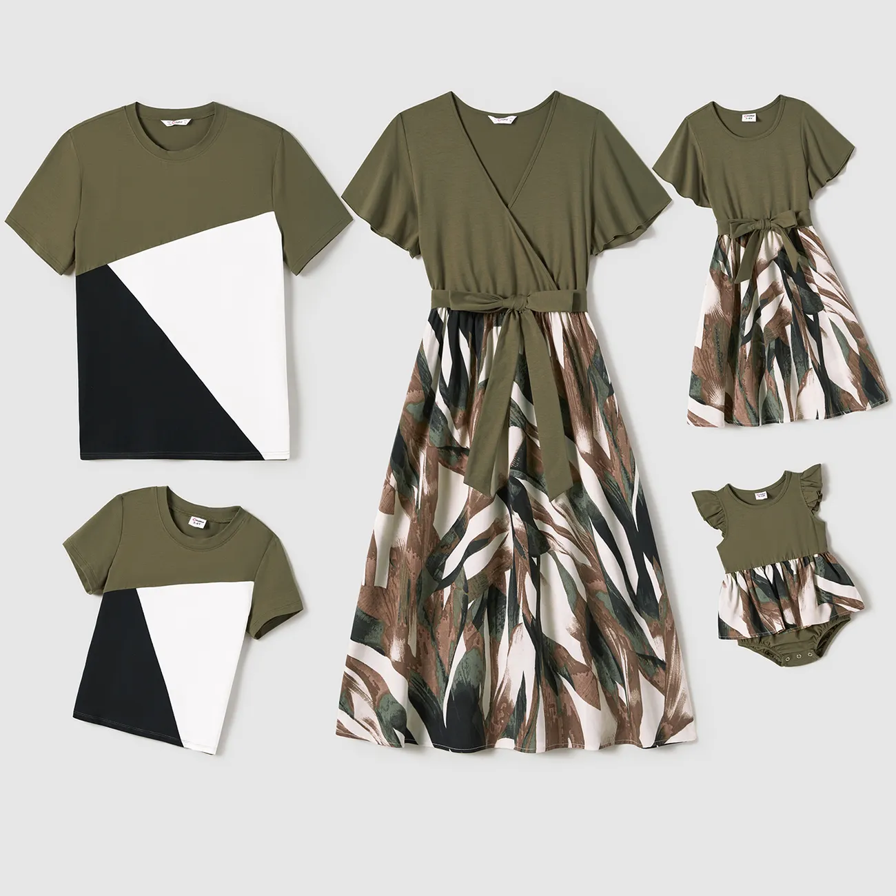 Family Matching Floral Print Belted dresses and Short-Sleeved Color-Block Tops Sets Green big image 1