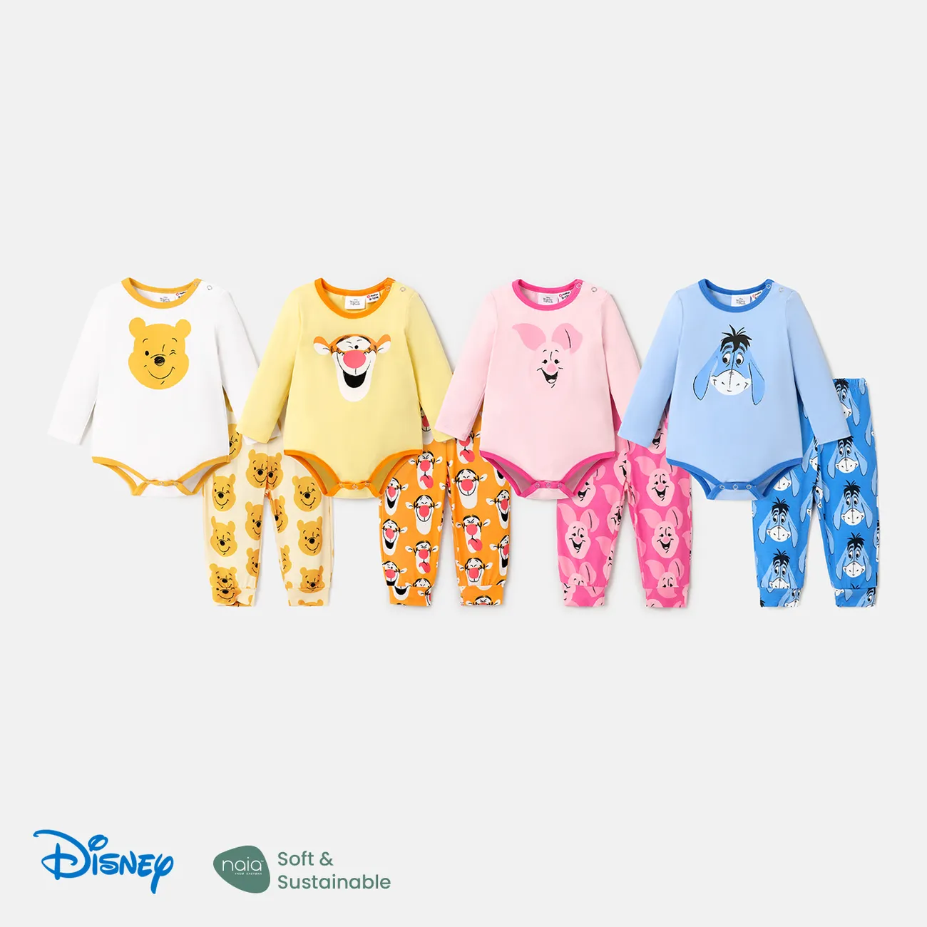 Disney Winnie the Pooh Baby Girl/Boy 2pcs Character Print Long-sleeve Bodysuit and Naia™ Pants Set  White big image 1
