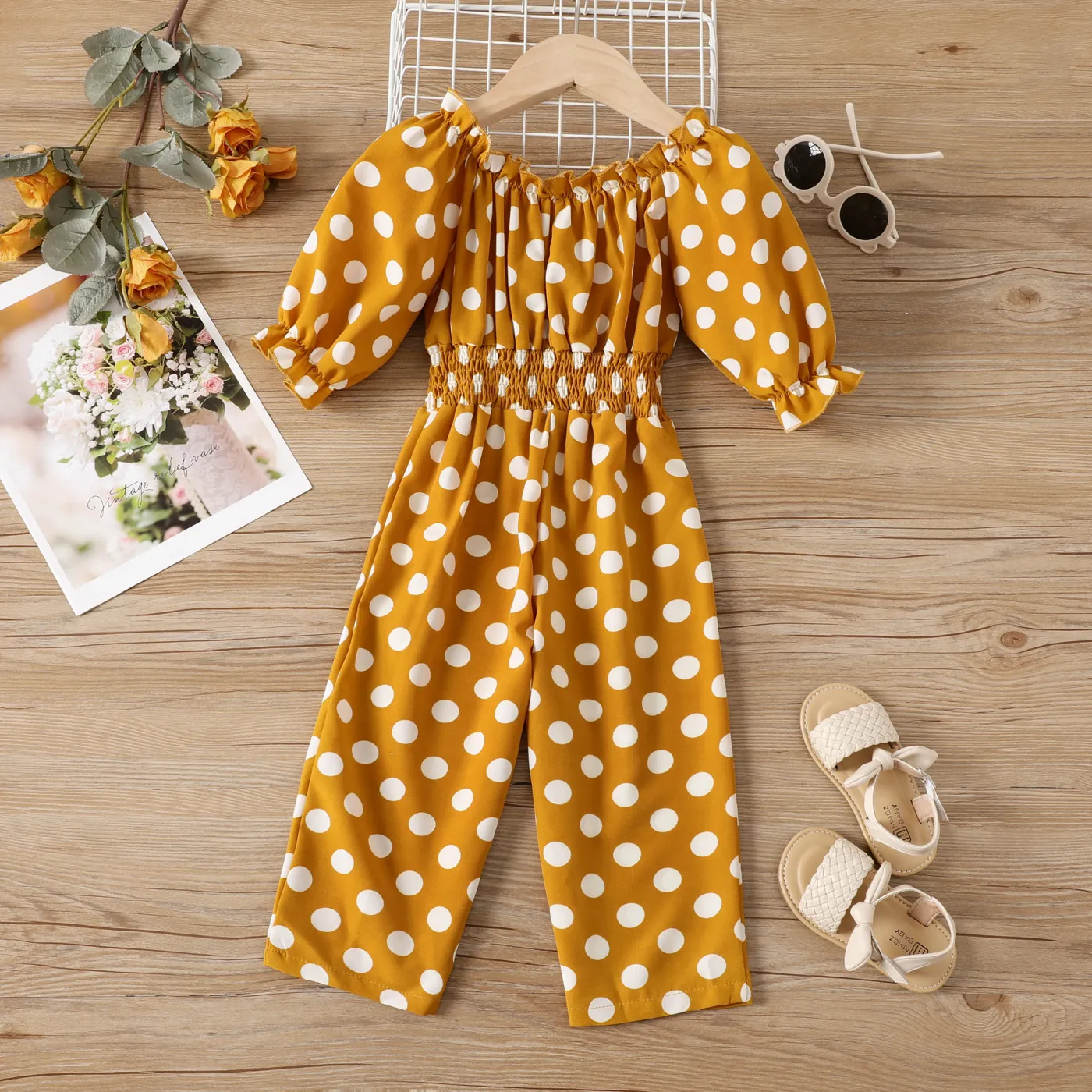 Toddler Girl Polka Dots Smocked Jumpsuit  Ginger big image 1