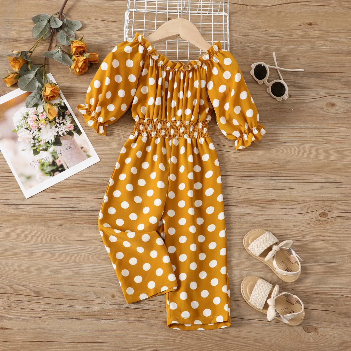 Toddler Girl Polka Dots Smocked Jumpsuit  Ginger image 2