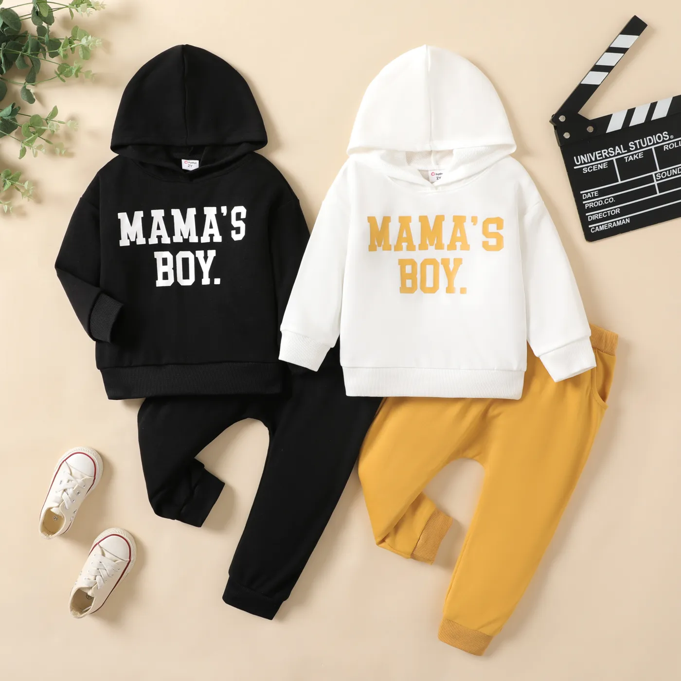 2pcs Toddler Boy Avant-garde Letter Hooded Set White image 2