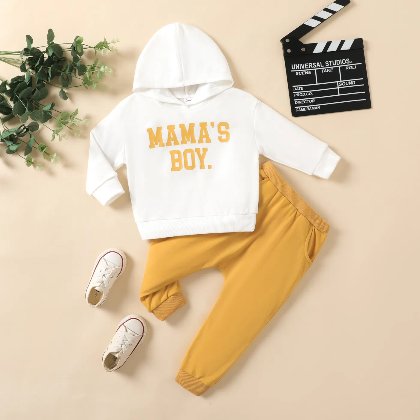 2pcs Toddler Boy Avant-garde Letter Hooded Set White big image 1