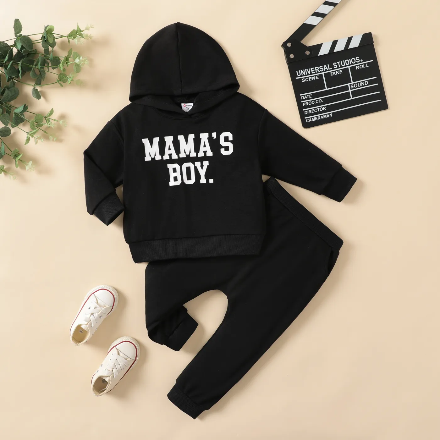 2pcs Toddler Boy Avant-garde Letter Hooded Set Black