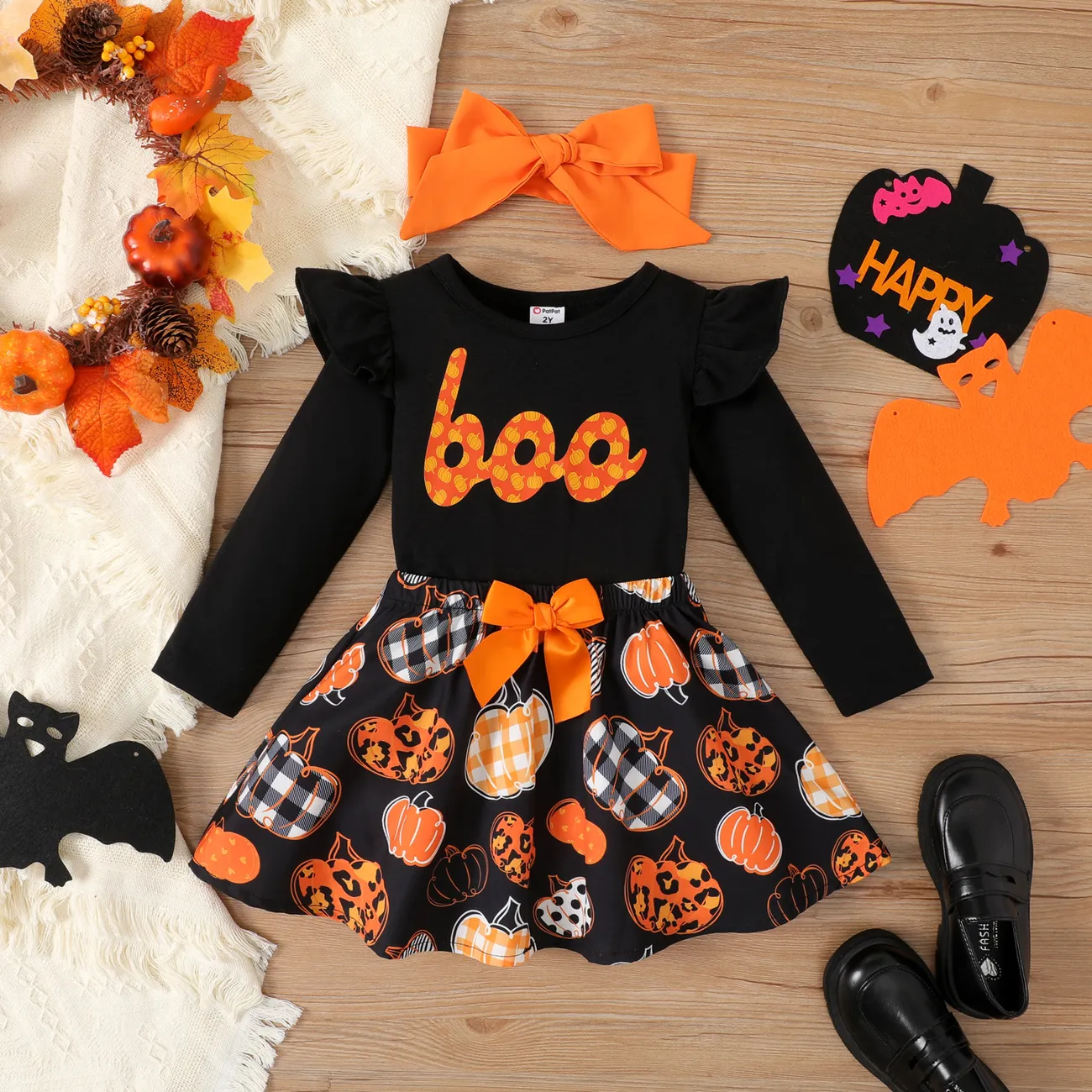 Toddler Girl Halloween 3pcs Letter Tee and Skirt with Headband Set