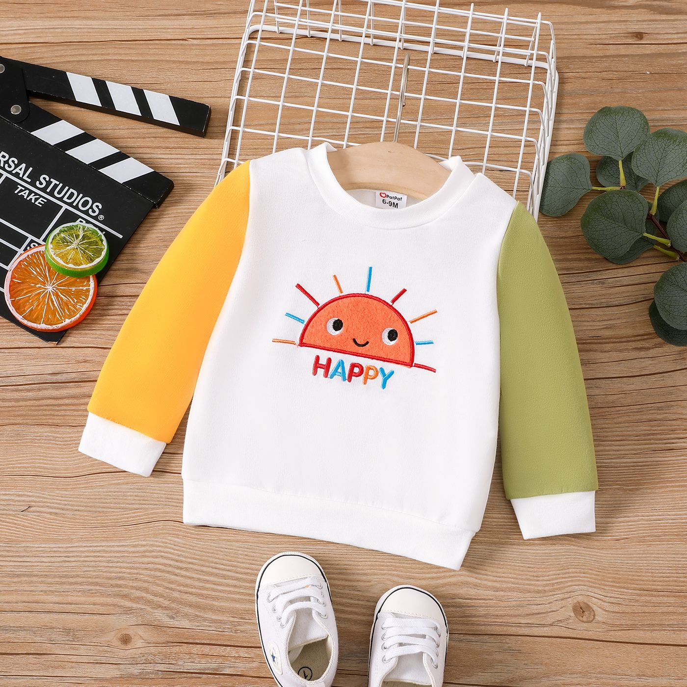 Baby Girl/Boy Letters & Sun Embroidery Colorblock Long-sleeve Sweatshirt