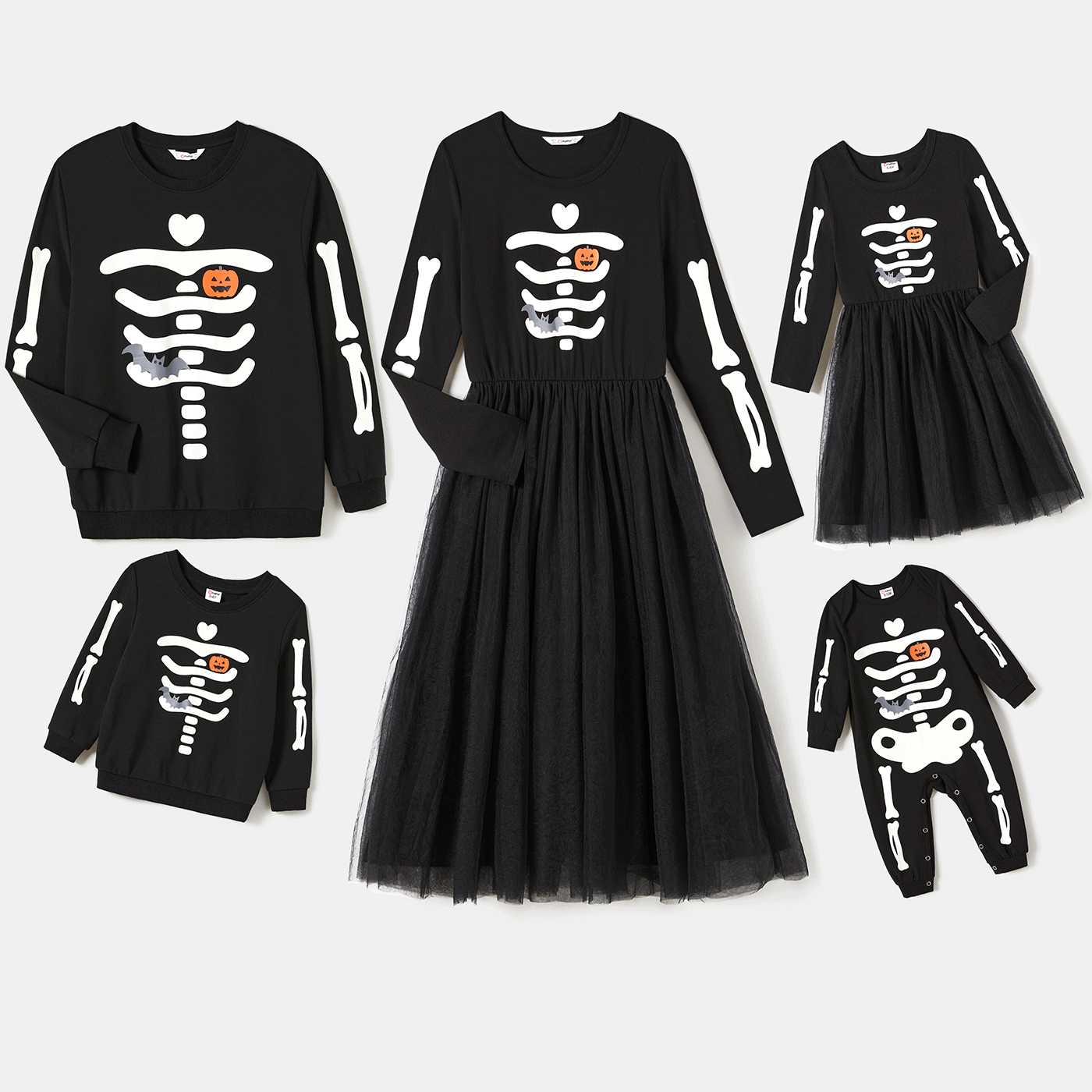 Halloween Family Glow In The Dark Spooky Skeleton Print Black Robes à Manches Longues Et Ensembles De Hauts