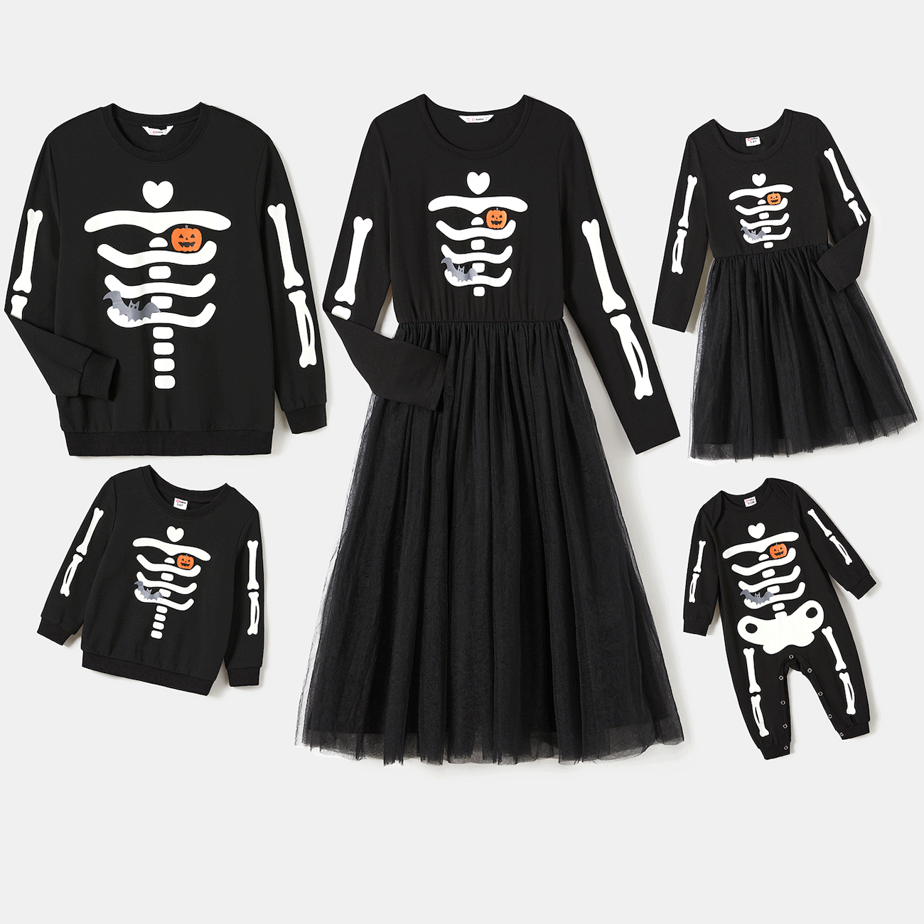 Halloween Family Glow In The Dark Spooky Skeleton Print Black Long halloween-family-glow-in-the-dark-spooky-skeleton-print-black-long