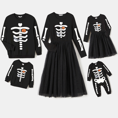 Halloween Family Glow In The Dark Spooky Skeleton Print Black Long-sleeve Mesh Dresses and Tops Sets
