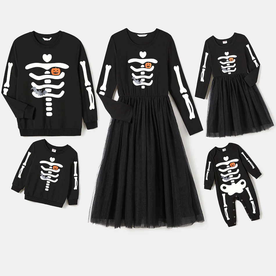 Halloween Family Glow In The Dark Spooky Skeleton Print Black Long