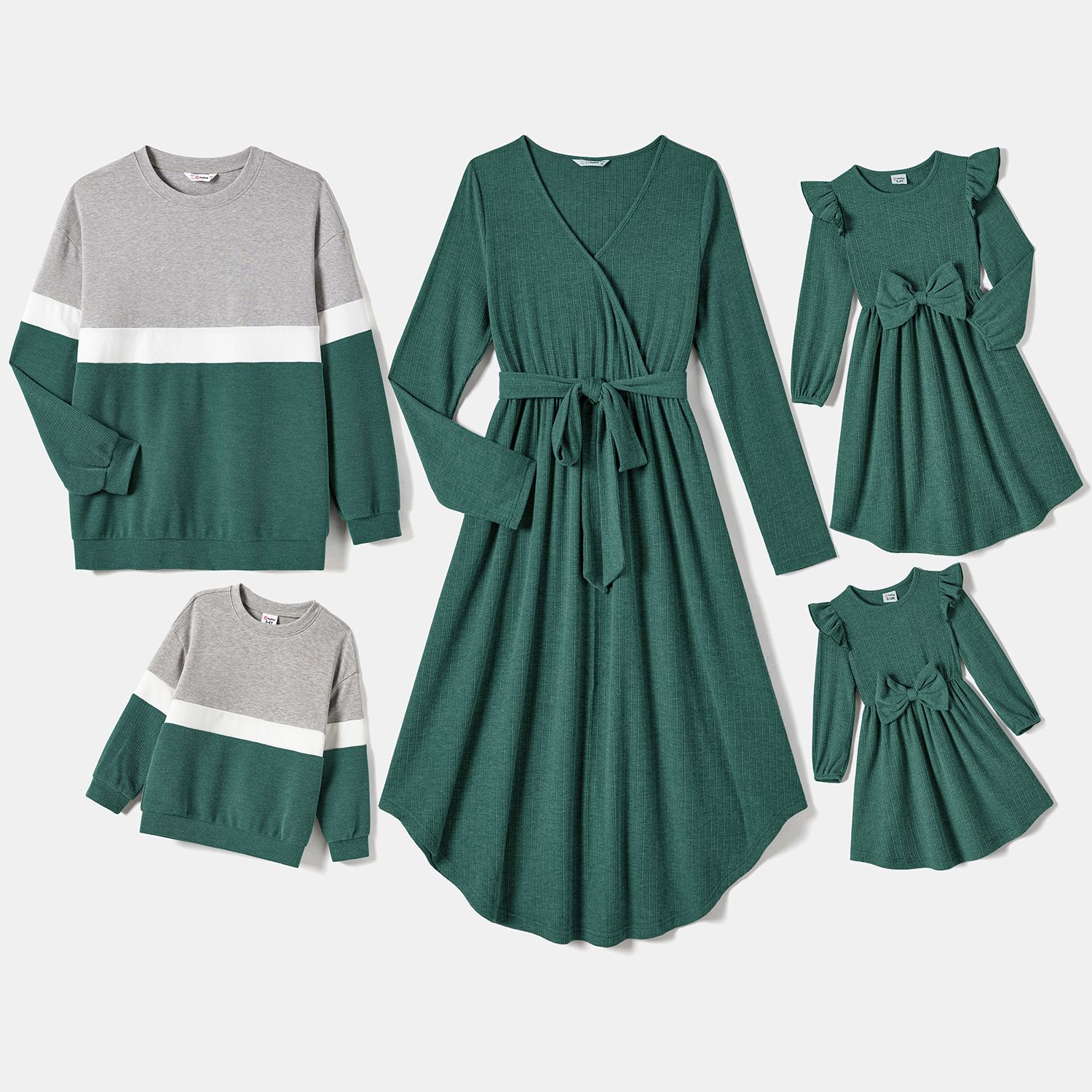

Family Matching Color Contrast tops and Solid Surplice Neck Long-sleeve Belted Dresses Sets