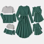 Family Matching Color Contrast tops and Solid Surplice Neck Long-sleeve Belted Dresses Sets  image 2