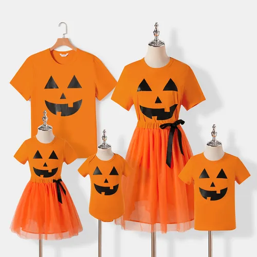 Family Matching Orange Spooky Print Dresses And Tops Sets
