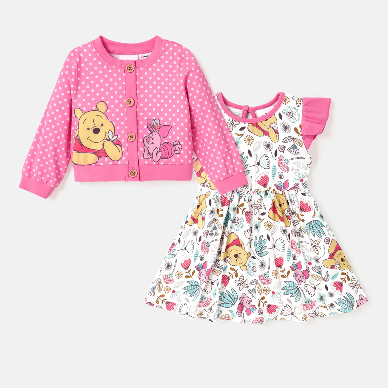 Disney Winnie the Pooh Baby Girl 2pcs Naia™ Allover Print Flutter-sleeve Dress and Polka Dots Button Placket Jacket   Multi-color big image 1