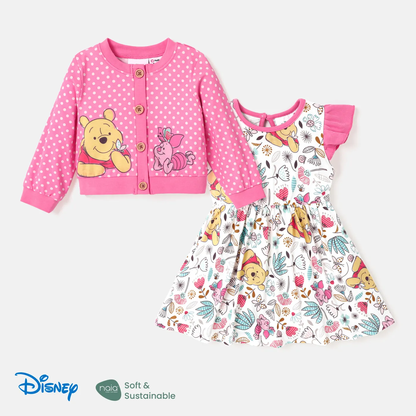 Disney Winnie The Pooh Baby Girl 2pcs Naiaâ¢ Allover Print Flutter-sleeve Dress And Polka Dots Button Placket Jacket