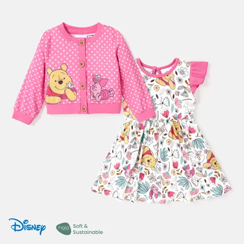 Disney Winnie the Pooh Baby Girl 2pcs Naia™ Allover Print Flutter-sleeve Dress and Polka Dots Button Placket Jacket  