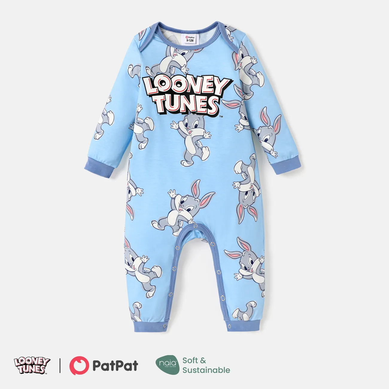 Looney Tunes Baby Girl/Boy Naia™ Character & Letter Print Long-sleeve Jumpsuit Blue big image 1