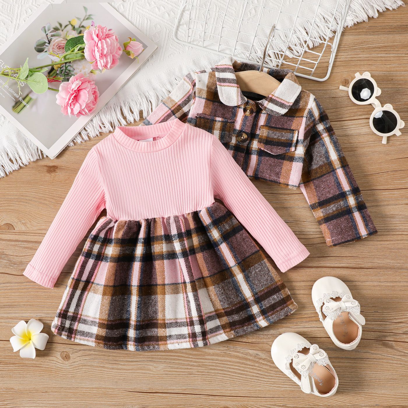 2pcs Baby Girl Ribbed Plaid Dress and Buttons Front Lapel Collar Coat Set