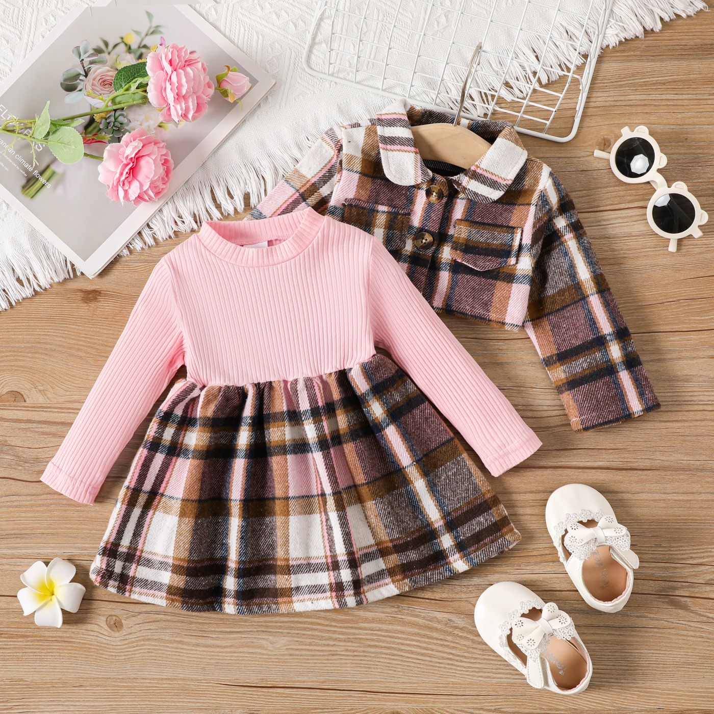 2pcs Baby Girl Ribbed Plaid Dress and Buttons Front Lapel Collar Coat