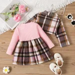2pcs Baby Girl Ribbed Plaid Dress and Buttons Front Lapel Collar Coat Set  image 2