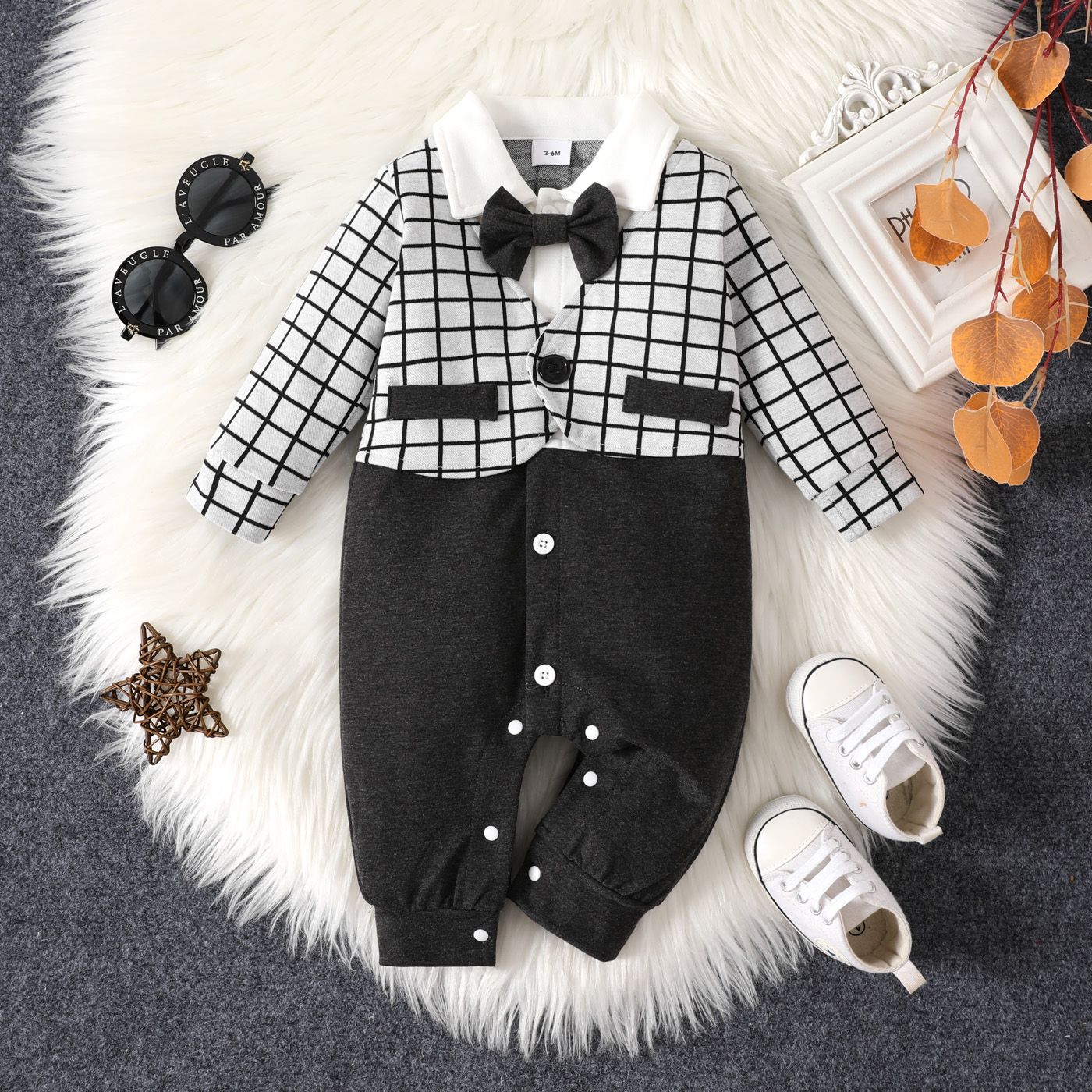 Baby Boy Buttons Police Plaid Bow Tie Lapel Col Manches Longues Combinaison