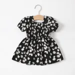 Baby Girl Allover Daisy Floral Print Puff-sleeve Shirred Dress Black