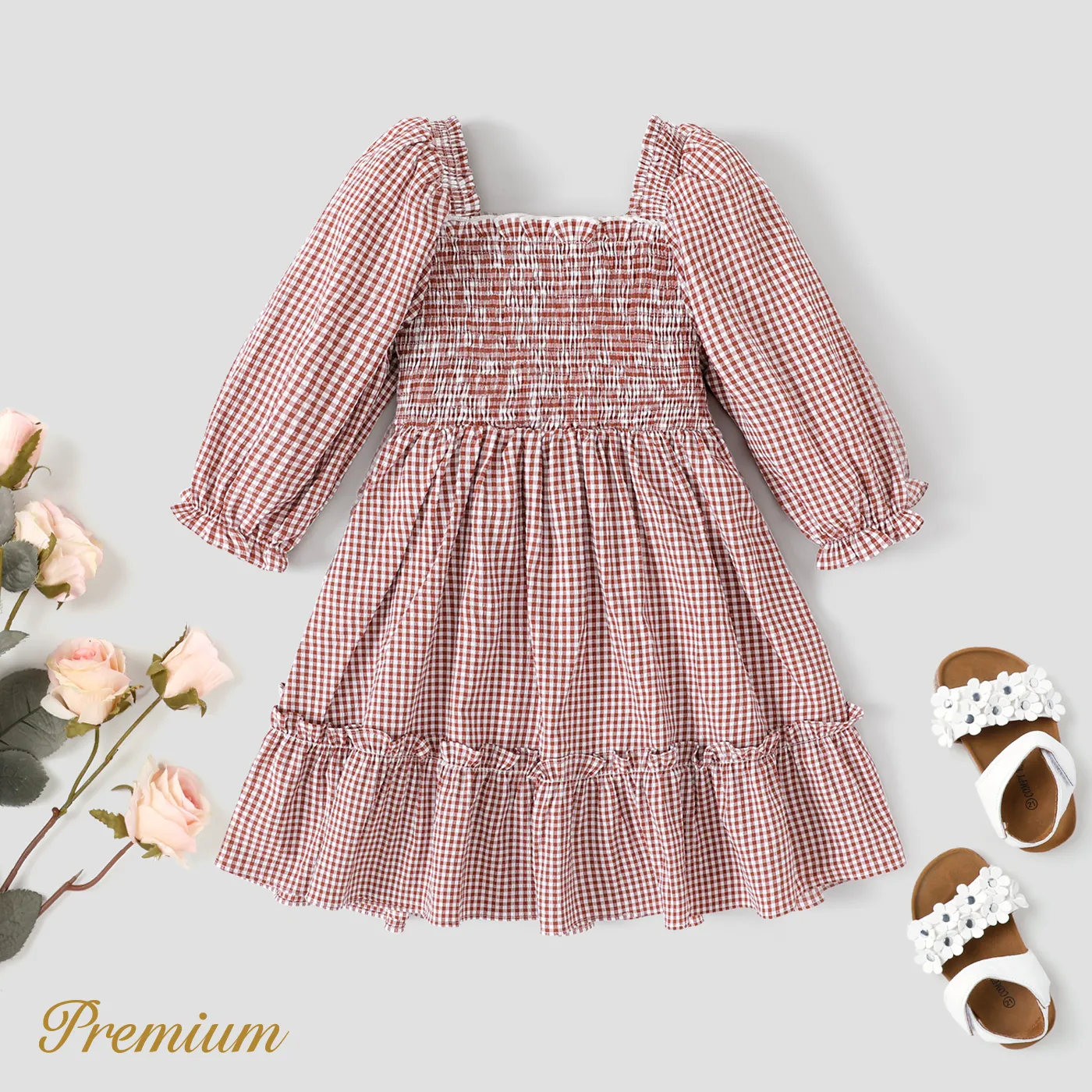 Toddler Girl Plaid Long-sleeve Square Neck Smocked Dress   big image 1