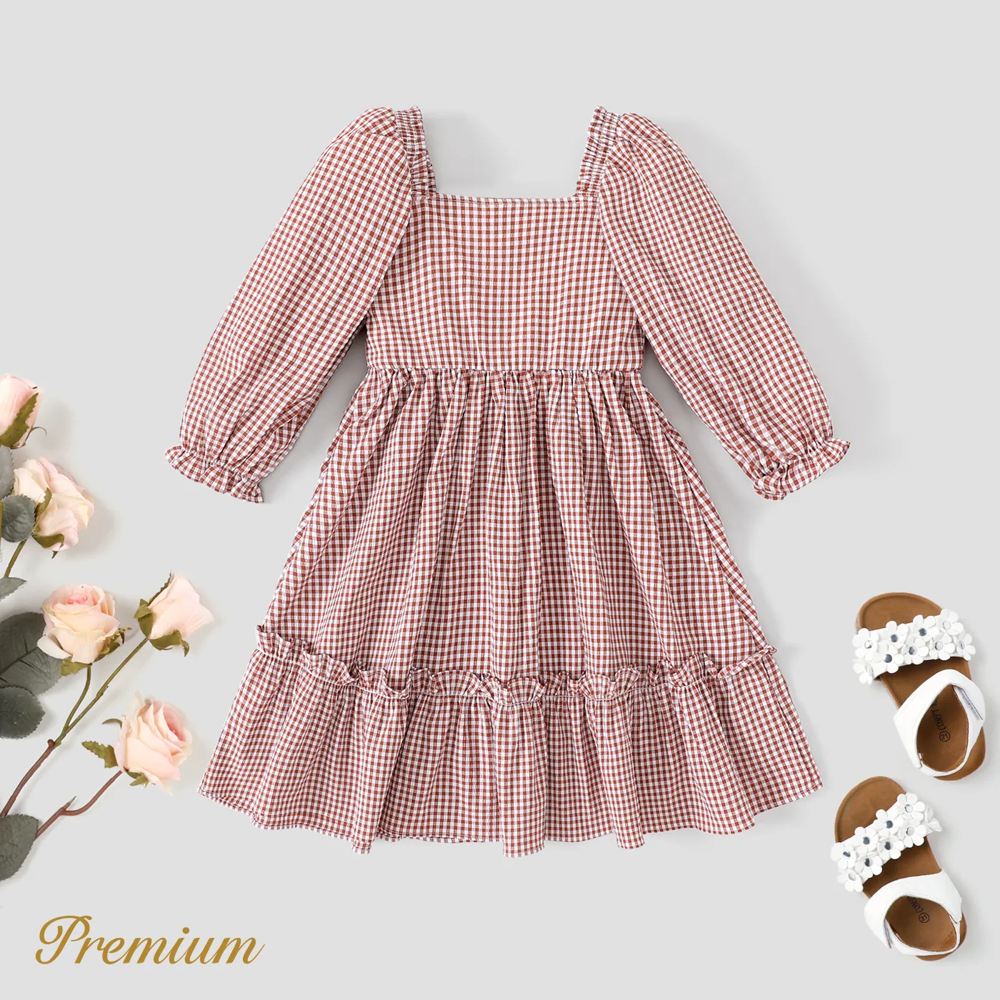 Toddler Girl Plaid Long-sleeve Square Neck Smocked Dress   image 6