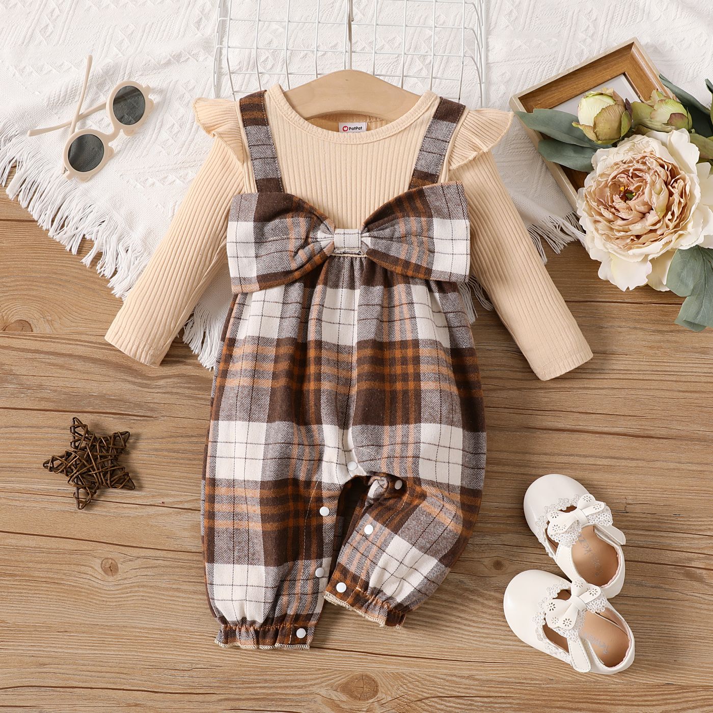 Baby Girl 95% Cotton Ribbed Ruffle Plaid Long-sleeve Jumpsuit