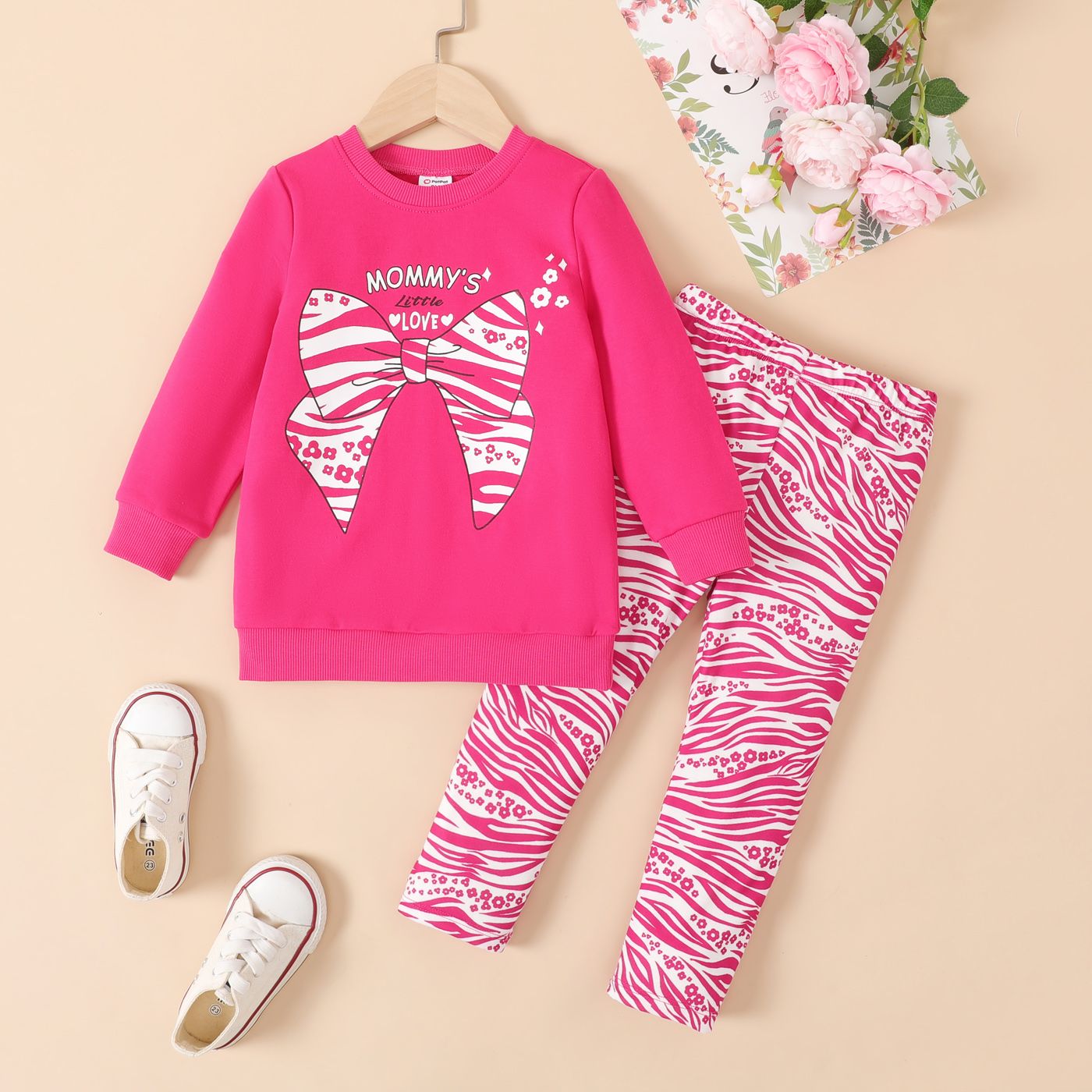 

2pcs Toddler Girl Bow Print Pullover Sweatshirt and Leopard Pants Set