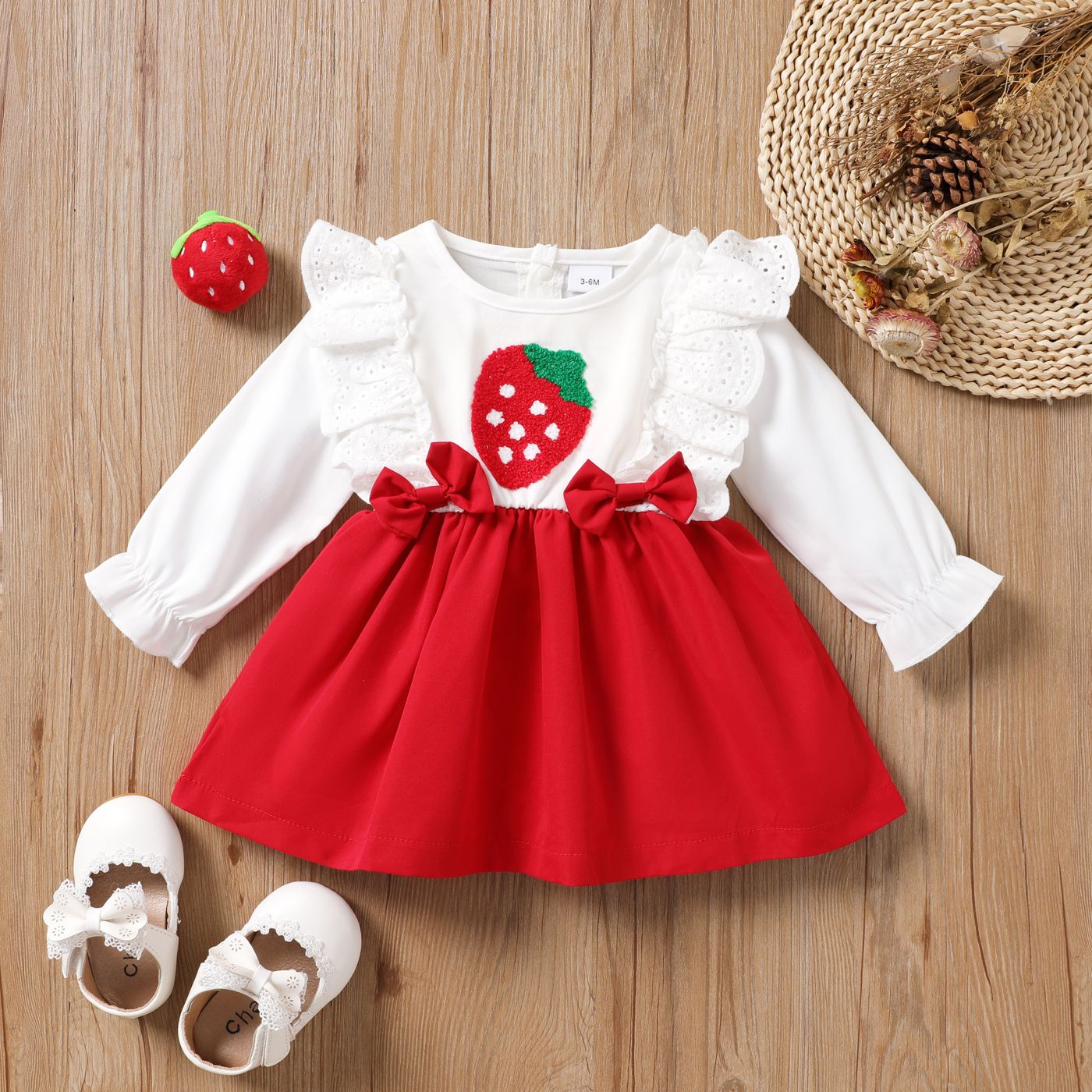 Baby Girl Strawberry Embroidery Ruffle Bow Decor Long-sleeve Dress