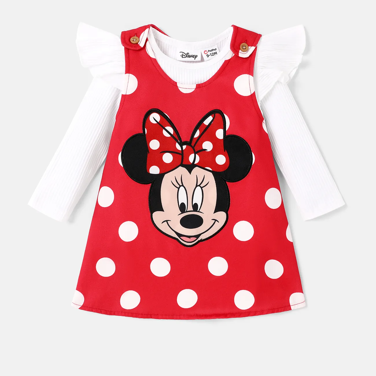 Disney Mickey and Friends Baby Girl 2pcs Ruffled Long-sleeve Rib-knit Top and Polka Dots Tank Dress Set  REDWHITE big image 1