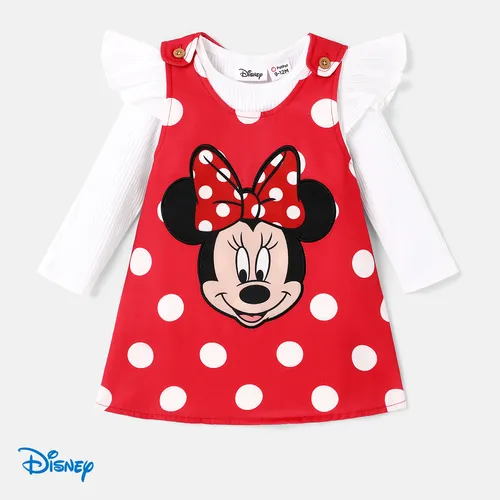Disney Mickey and Friends Baby Girl 2pcs Ruffled Long-sleeve Rib-knit Top and Polka Dots Tank Dress Set 