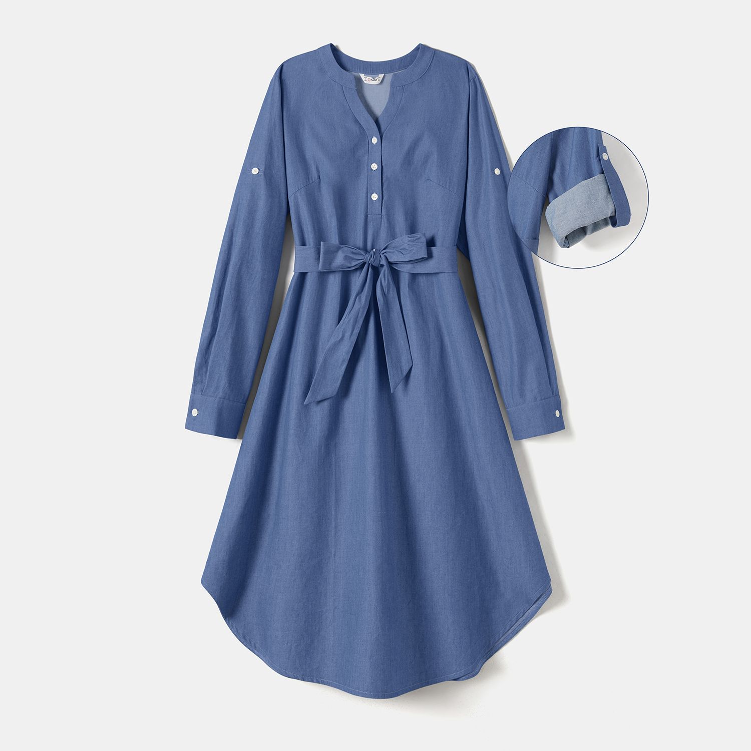 Family Matching Denim Belted High Low Hem Belted Dresses And Long-sleeve Tops Sets