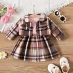 2pcs Baby Girl Ribbed Plaid Dress and Buttons Front Lapel Collar Coat Set  image 3