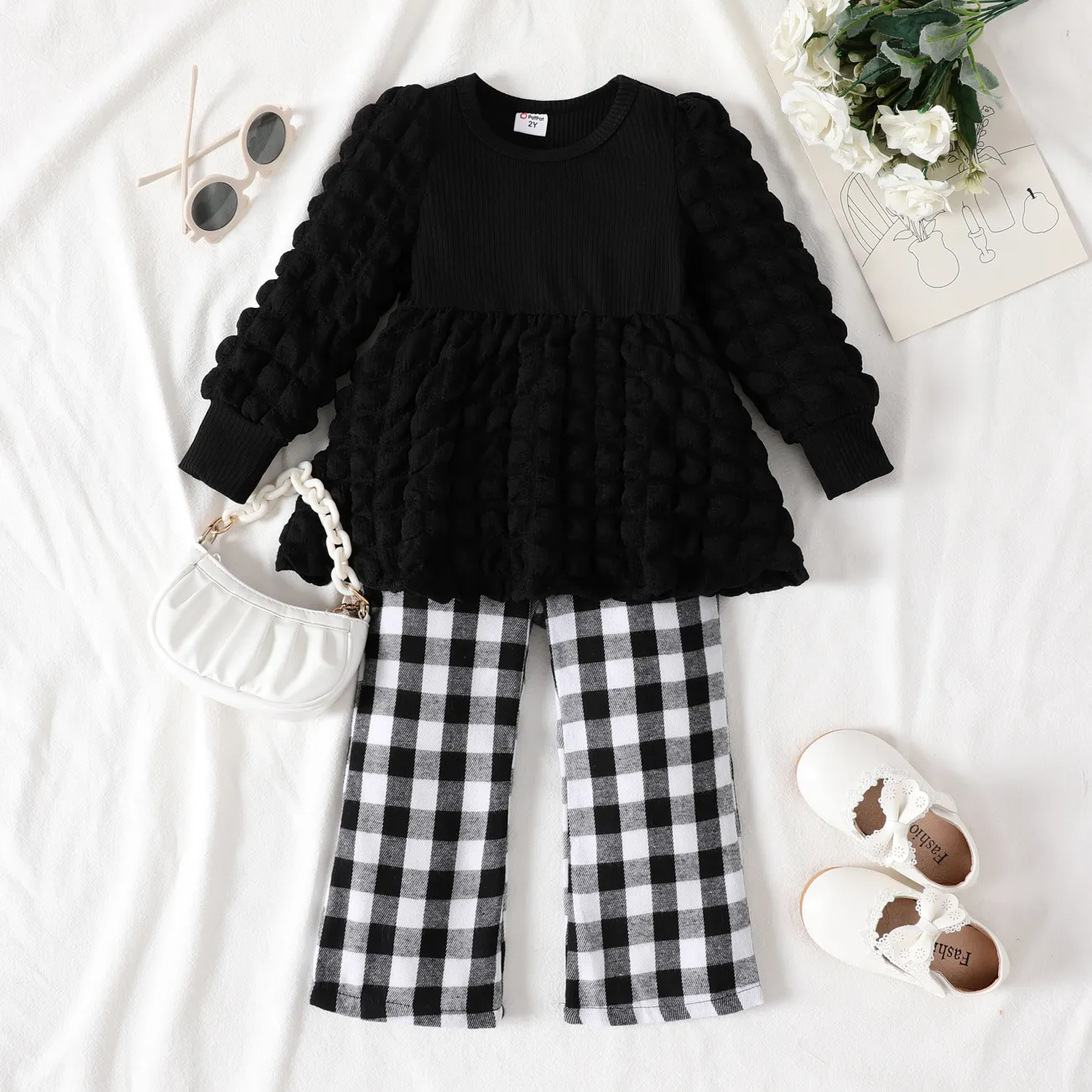 2pcs Toddler Girl Grid Puff Sleeves Set