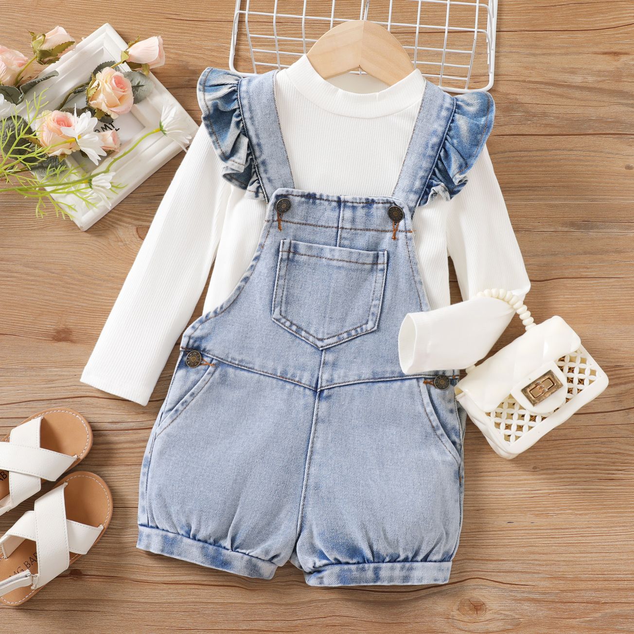 2pcs Toddler Girl Long-sleeve Top And Denim Overall Romper Set