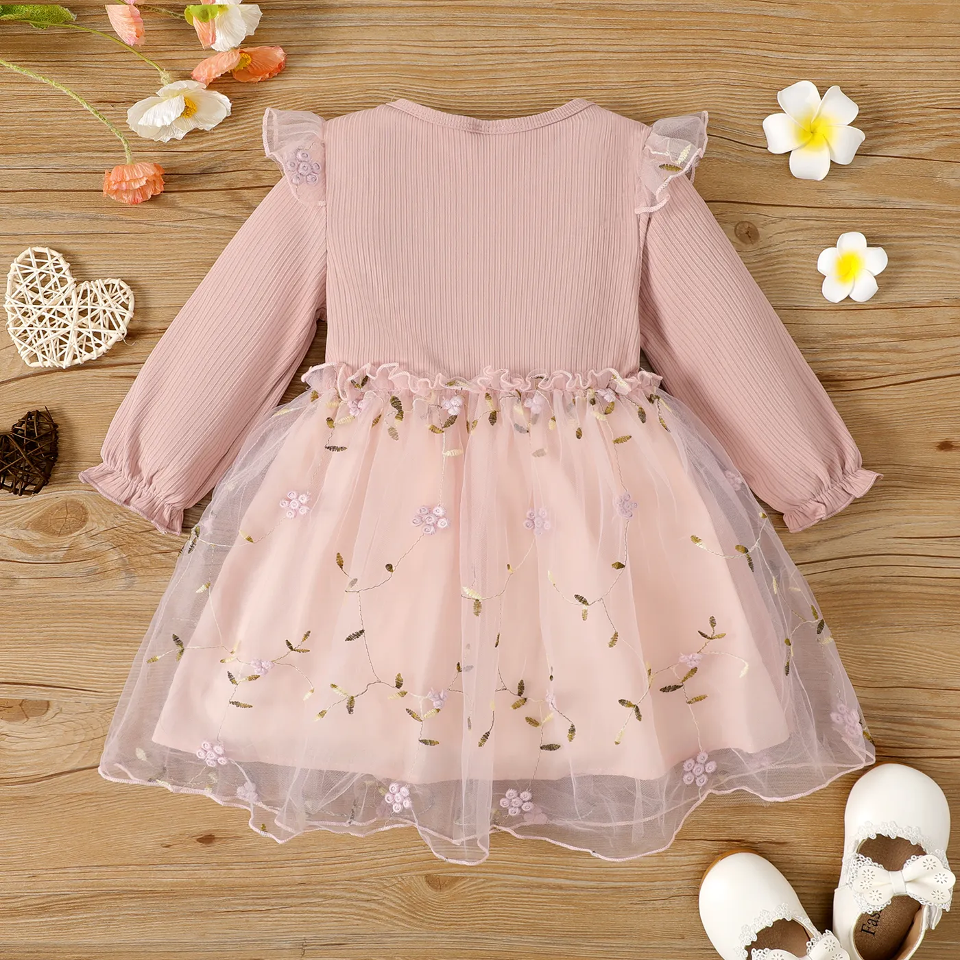 Toddler Girl Ribbed Ruffle Bow Decor Embroidery Mesh Long-sleeve Fairy Dress Pink image 2