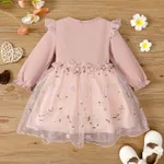 Toddler Girl Ribbed Ruffle Bow Decor Embroidery Mesh Long-sleeve Fairy Dress Pink image 2
