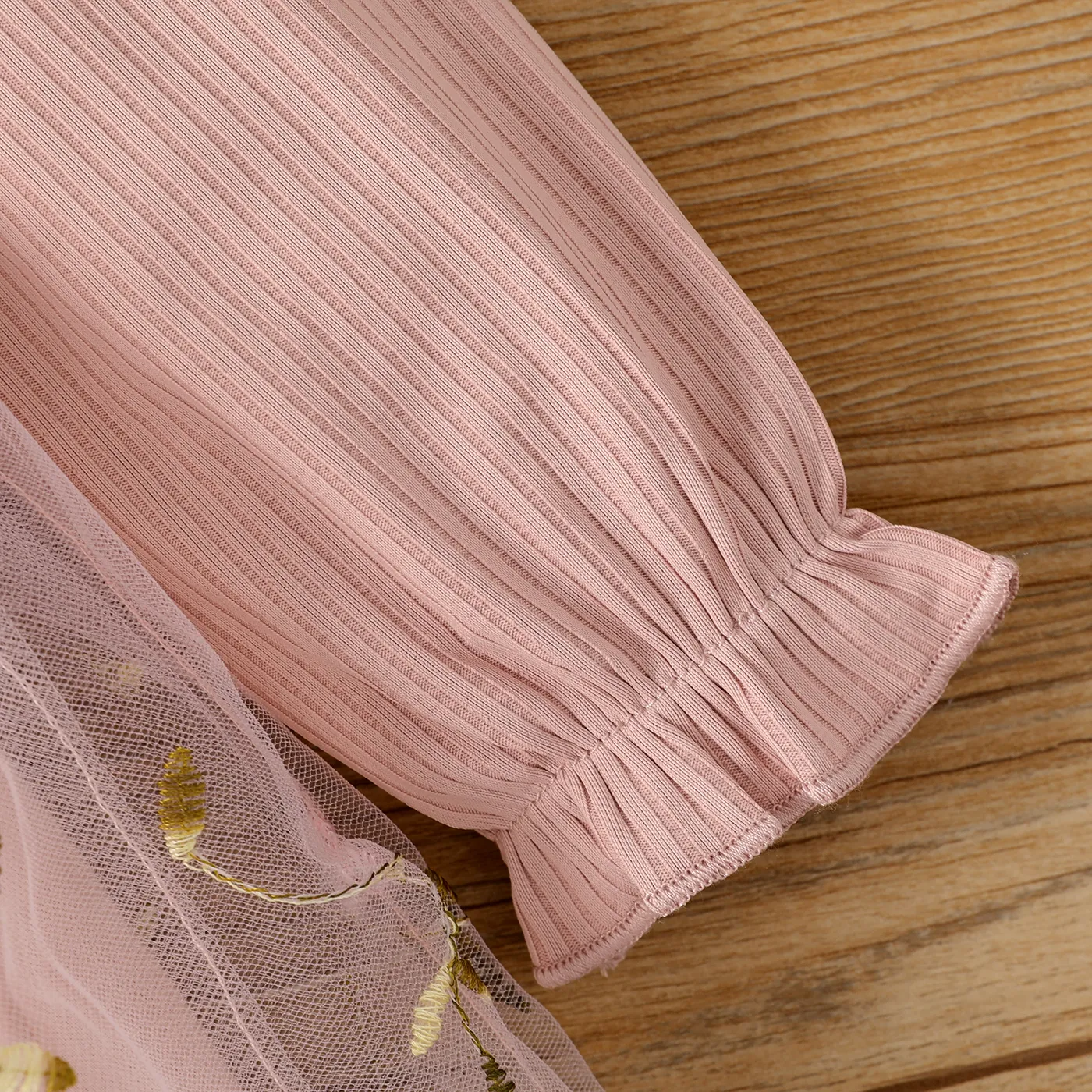 Toddler Girl Ribbed Ruffle Bow Decor Embroidery Mesh Long-sleeve Fairy Dress Pink image 5
