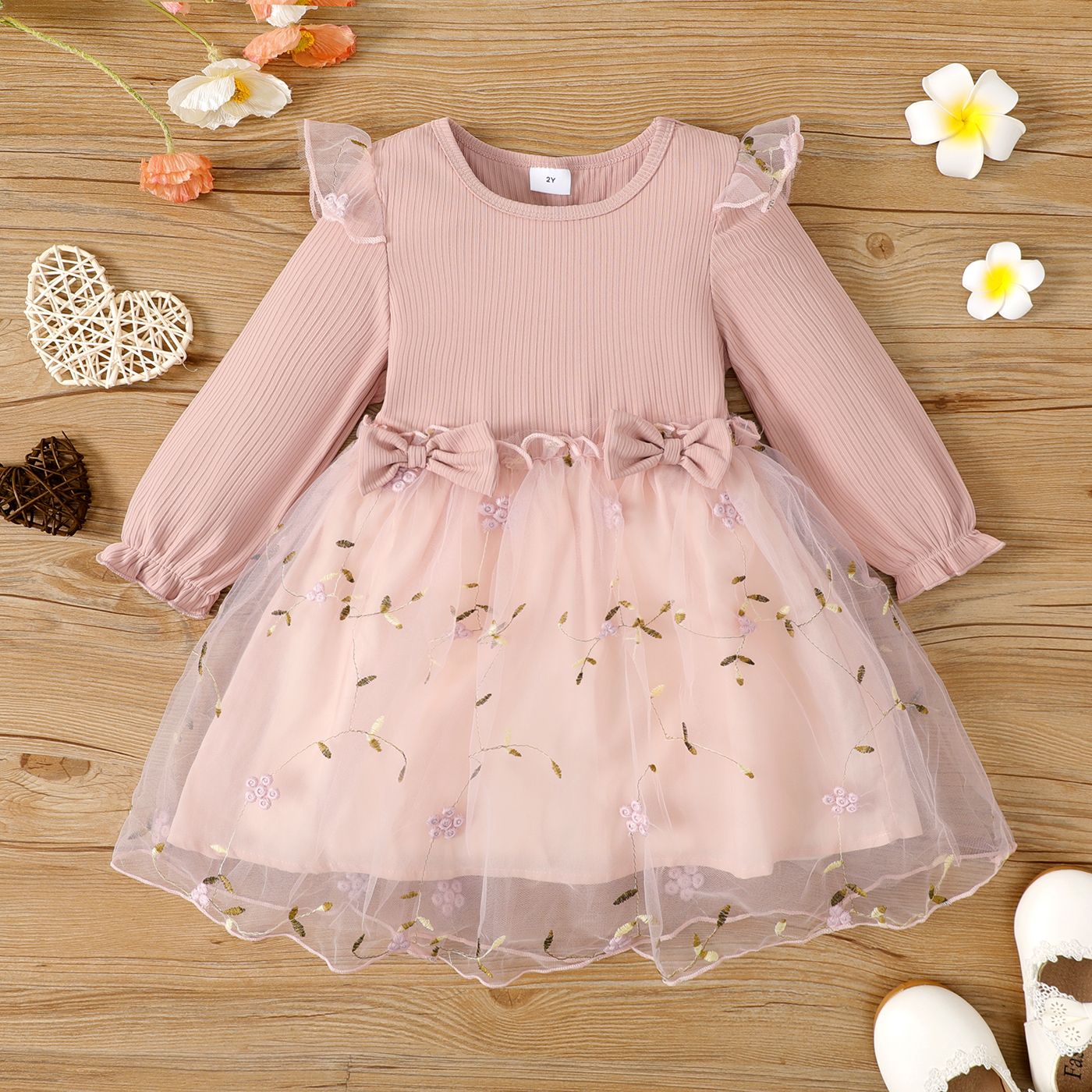 Toddler Girl Ribbed Ruffle Bow Decor Embroidery Mesh Long-sleeve Fairy Dress