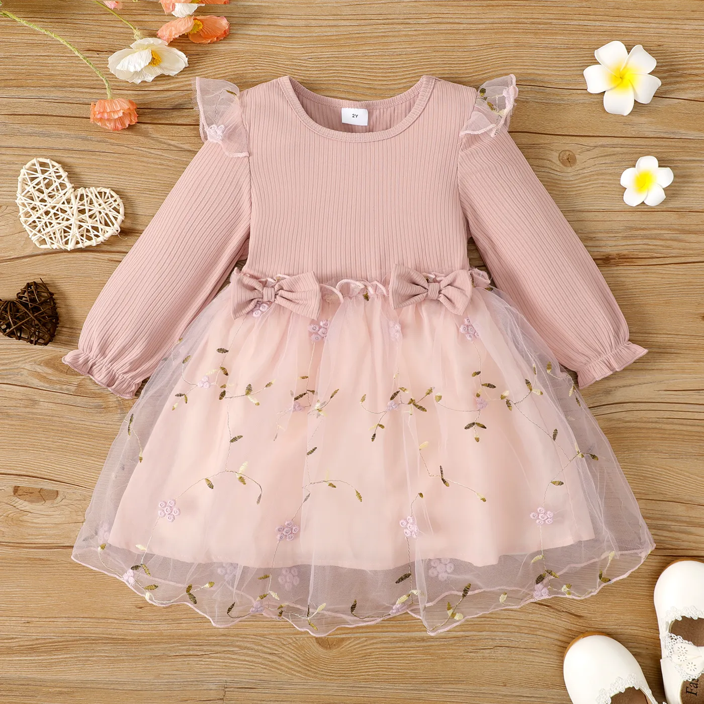 Toddler Girl Ribbed Ruffle Bow Decor Embroidery Mesh Long-sleeve Fairy Dress Pink big image 1