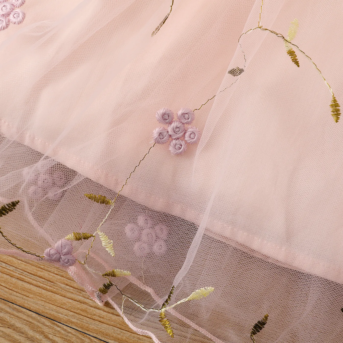 Toddler Girl Ribbed Ruffle Bow Decor Embroidery Mesh Long-sleeve Fairy Dress Pink image 4