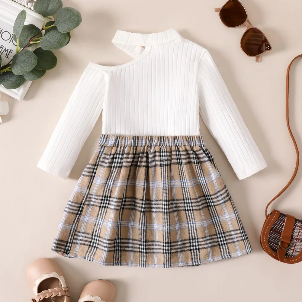 2pcs Baby Girl Rib-knit Cold Shoulder Halterneck Top and Plaid Skirt Set big image 2