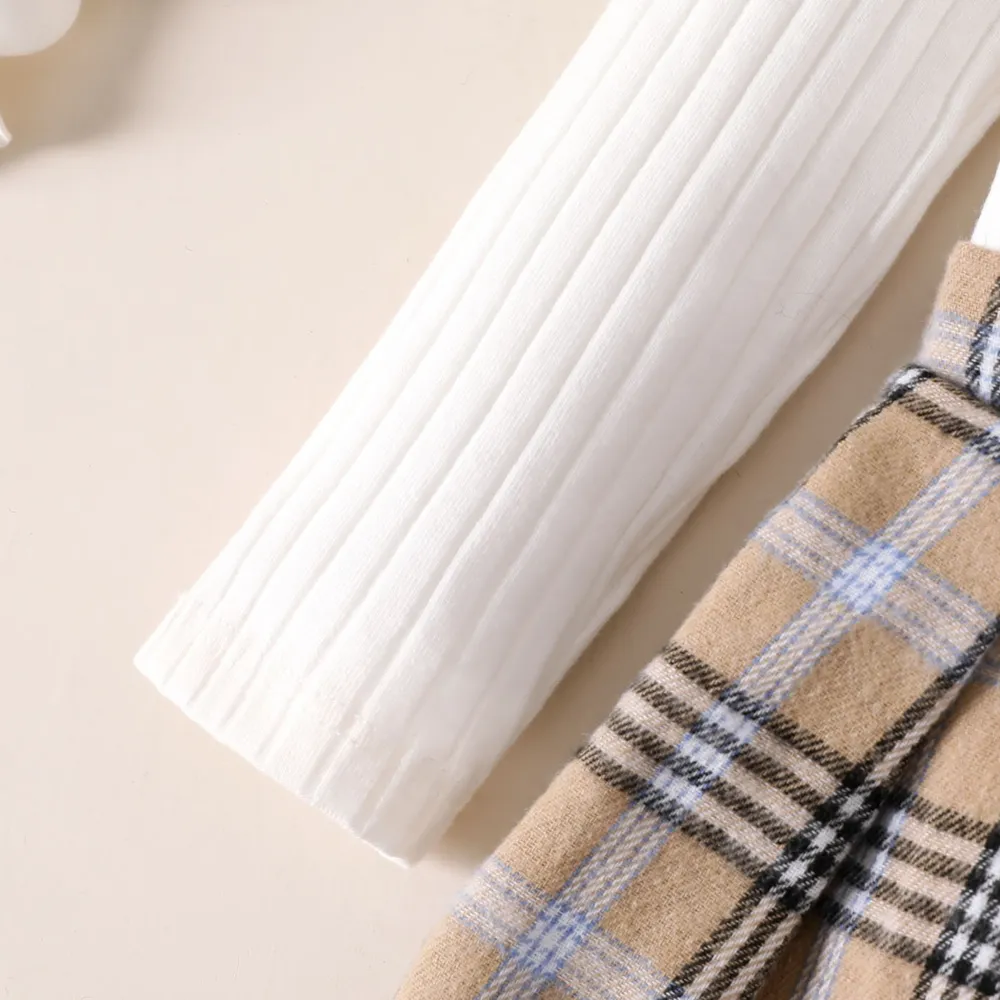 2pcs Baby Girl Rib-knit Cold Shoulder Halterneck Top and Plaid Skirt Set big image 4