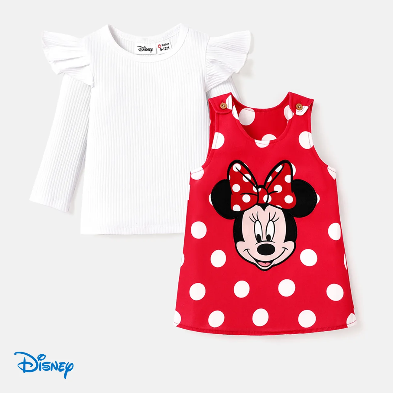 Disney Mickey and Friends Baby Girl 2pcs Ruffled Long-sleeve Rib-knit Top and Polka Dots Tank Dress Set  REDWHITE big image 1